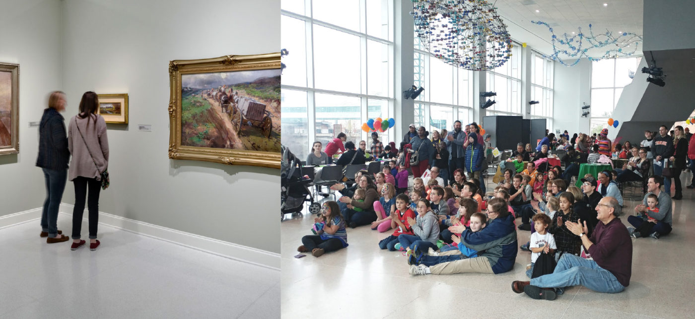 On the left: Visitors view paintings in an art museum. On the right: an audience of visitors sitting on the floor of the museum attend an event.