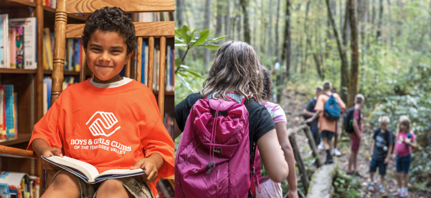 Left: A young boy in an orange Boys & Girls Club t-shirt sits in a chair with a book in his lap. Right: a group of children go hiking in the woods.