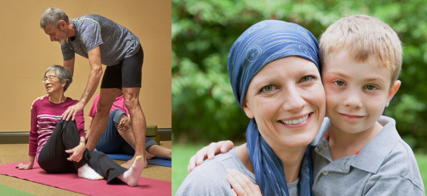 Left: A instructor guides a patient in a yoga class. Right: A patient wearing a blue head scarf embraces her young son.