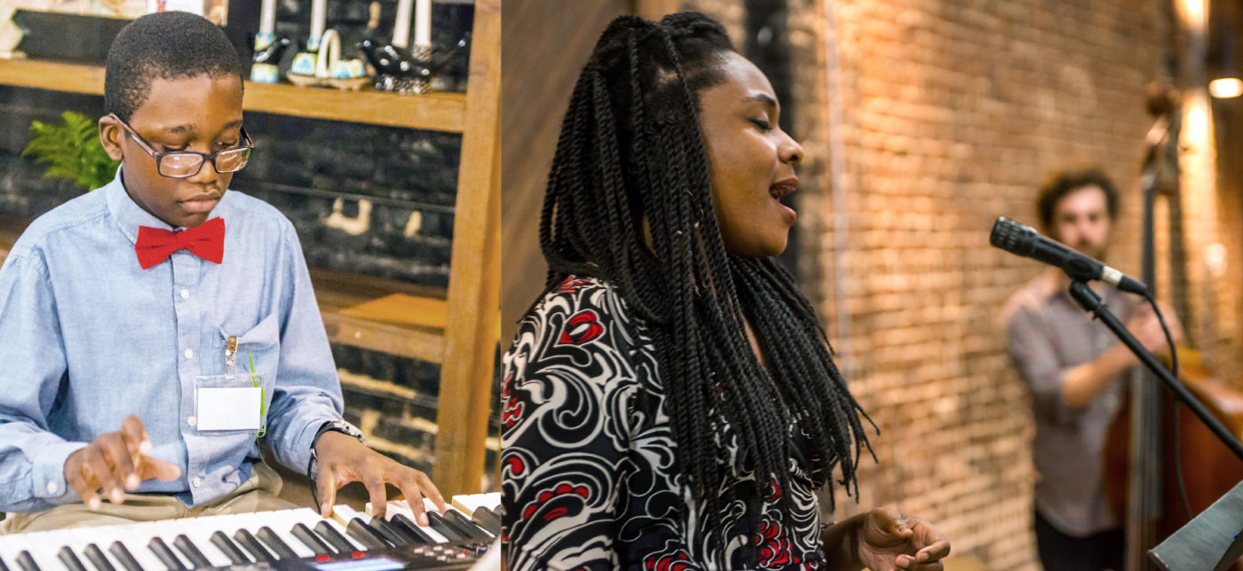 Left: a young boy plays on an electronic keyboard. Right: A woman sings into a microphone. A man plays the upright bass in the background.