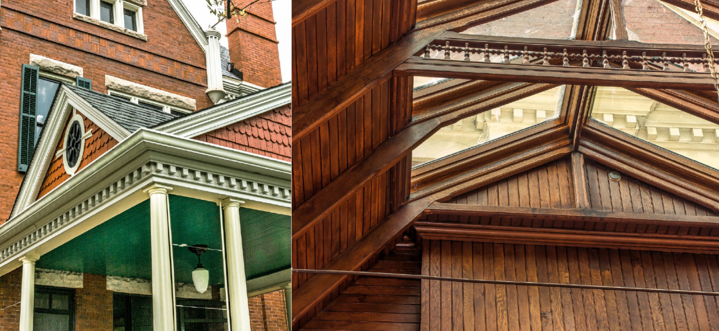 Interior and exterior photographs of the pediment of Historic Westwood House.