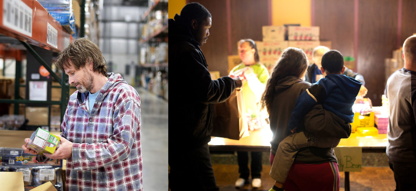 Left: a man in a plaid shirt holds cans of food in a food pantry. People gather to collect food from the food pantry.