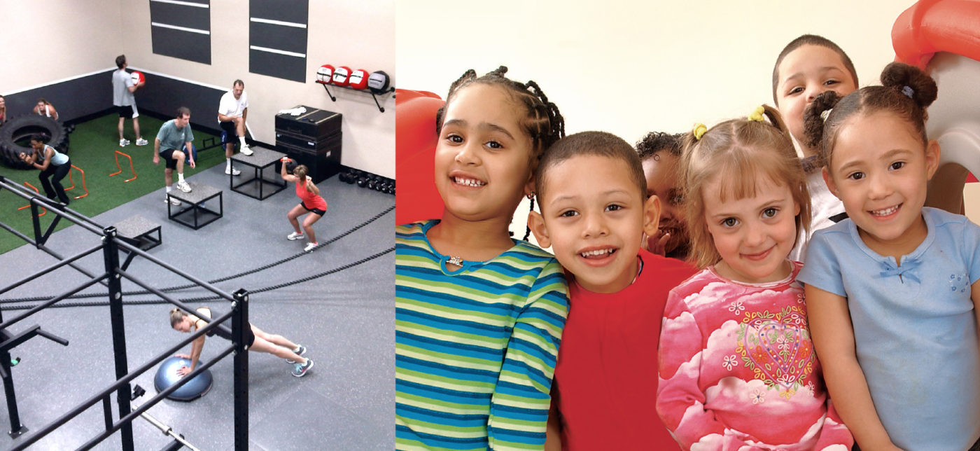 Left: Students participate in gym class. Right: A group of young students smile towards the camera.