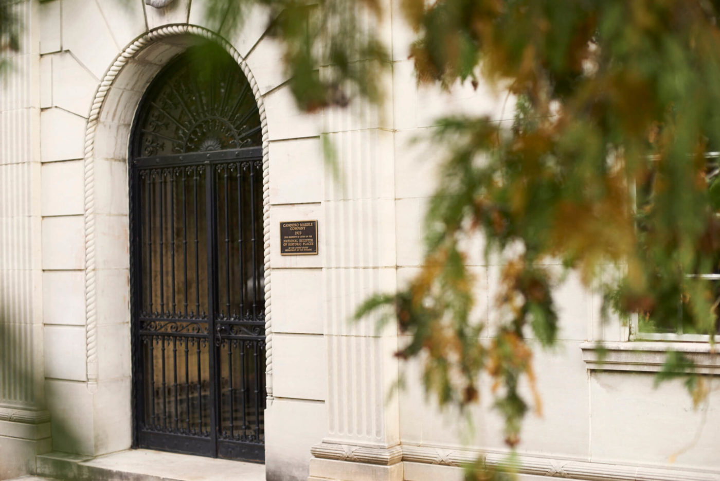 A look through the trees at the front facade of the building.