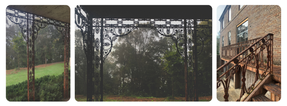 Three detail photos of the iron railing outside the Eugenia Williams House.